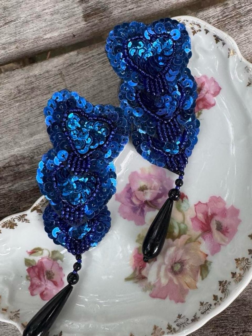 Vintage burlesque Tassel Blue Sequin Beaded Drop Earrings